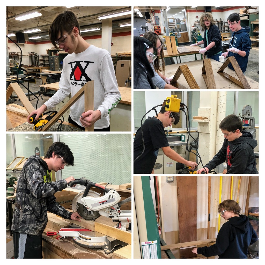 collage of woods students planing squaring, sanding, etc. flag cases